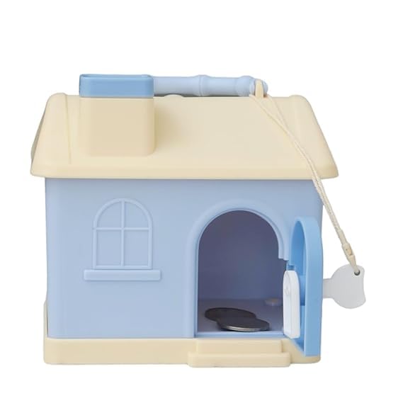 Kids' house money bank with lock, key, and 3D sticker compatibility, in pastel pink and blue. www.usmile.toys